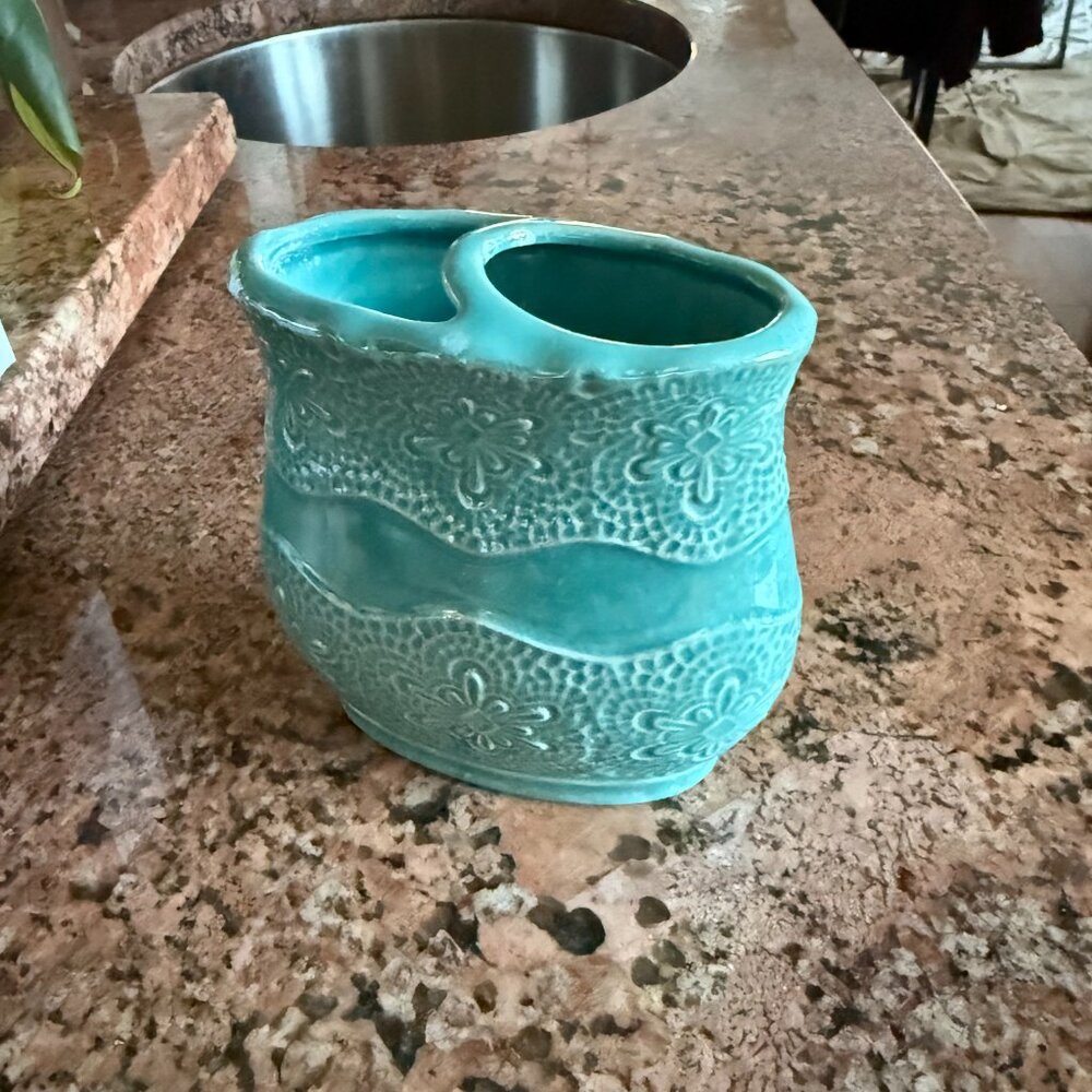Bathroom Ceramic Trash Can & Toothbrush Holder Set Teal Bath Accessories Powder - Picture 3 of 11